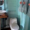 A bathroom with blue walls and white toilet.